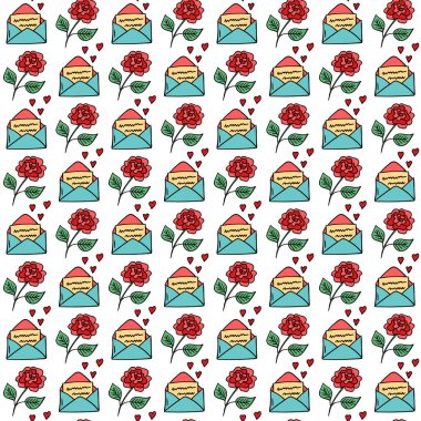 Doodle rose and envelope with romantic message vector seamless pattern. Hand drawn Valentine's Day background