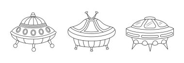 Vector linear cartoon UFO set for coloring page. Isolated outline aliens spaceships on white.