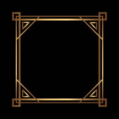Art Deco Gold Square vector frame on black background. Isolated metal border with empty space