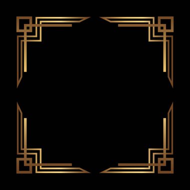 Art Deco Gold Square vector frame on black background. Isolated metal border with empty space