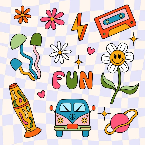 Vector Retro Stickers Isolated Groovy Background 70S Style Cartoon Pictures — Stock Vector