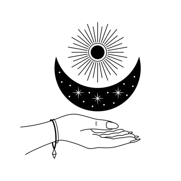 stock vector Vector linear esoteric illustration with hand holding Moon and Sun isolated on white