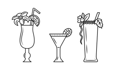 Vector linear cocktails with fruits. Isolated outline icons set of fresh summer cocktails