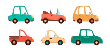 Vector cartoon cars collection for children designs. Isolated simple vehicles set in pastel colors on white