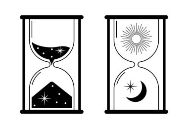 Vector vintage hourglass with dark starry sand inside to measure time. Esoteric astrology symbol isolated on white background