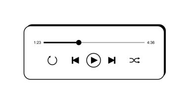 Music Player Retro arayüz vektör şablonu. İzole edilmiş düz sesli katman uygulaması siyah gölgeli beyaz pencere