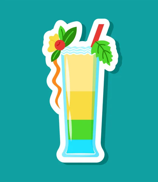 卡通风格的矢量彩色鸡尾酒贴纸 用果汁稻草在玻璃杯中分离的分层饮料 — 图库矢量图片