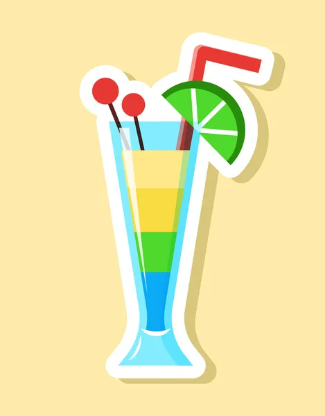 Vector Cocktail Sticker Cartoon Stijl Geïsoleerde Meerkleurige Drank Glas Met — Stockvector