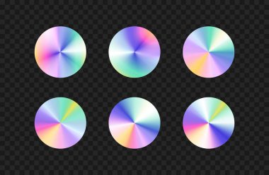 Holografik Vektör Çıkartmaları ayarlandı. Yanardöner ışıklarla izole edilmiş radyal hologram etiketleri. Metalik yarıçap eğimli örnekler