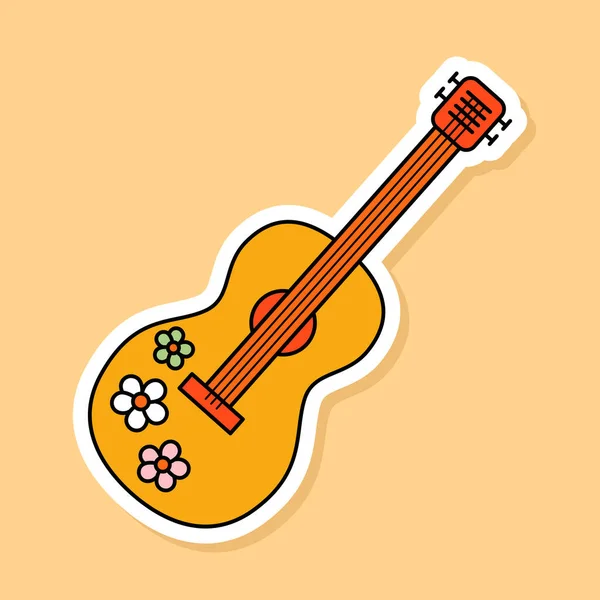 Sticker Guitare Hippie Vectorielle Isolé Sur Fond Jaune Instrument Musique — Image vectorielle