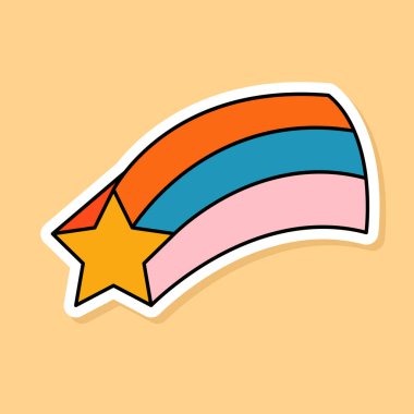 Sarı arkaplanda izole edilmiş Vektör Retro Kayan Yıldız etiketi. 70 'lerin tarzı çizgi film yıldızı ve gökkuşağı hikayesi