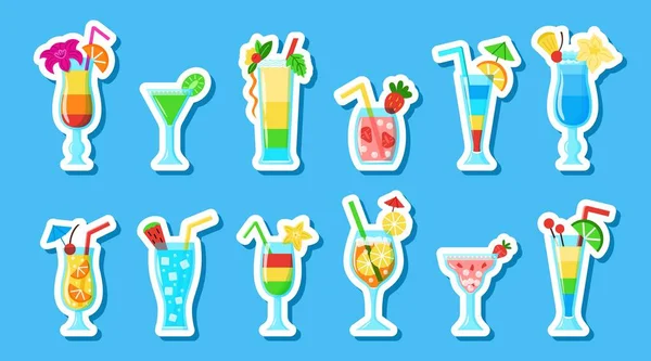 Vector Cocktails Stickers Collectie Geïsoleerd Blauw Zomer Koud Kleurrijke Tekenfilm — Stockvector