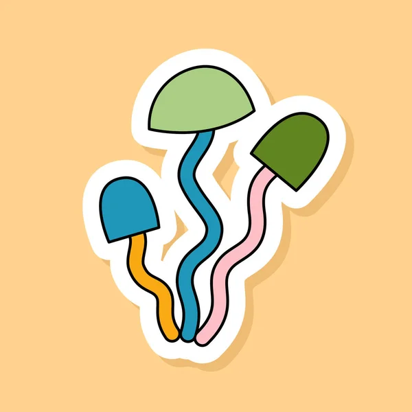 Vector Retro Mushrooms Sticker Isolated Yellow Background 70S Style Cartoon — Stock Vector