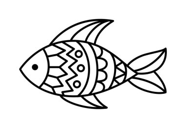 Beyaz arka planda izole edilmiş vektör el çizilmiş doğrusal balık. Çocuklar için boyama sayfası