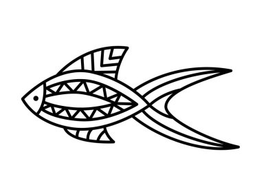 Beyaz arka planda izole edilmiş vektör siyah doğrusal balık. Çocuklar için boyama sayfası