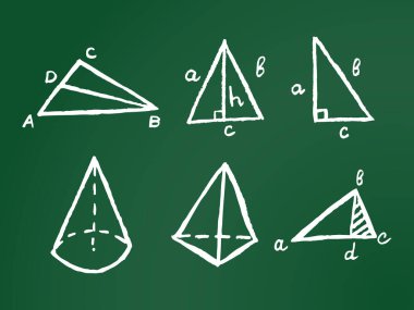 Tebeşir üçgeni formülleri yeşil karatahtanın üzerinde. El çizimi vektör geometrik çizim