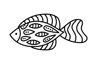 El çizimi siyah doğrusal balık vektörü beyaz arka planda izole edildi. Çocuklar için kalın boyama sayfası