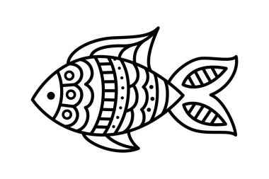 Beyaz arka planda izole edilmiş vektör siyah doğrusal balık. Çocuklar için boyama sayfası