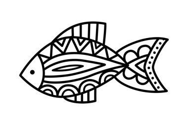 Beyaz arka planda izole edilmiş vektör siyah doğrusal balık. Çocuklar için boyama sayfası