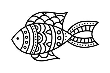 Beyaz arka planda izole edilmiş vektör siyah doğrusal balık. Çocuklar için boyama sayfası