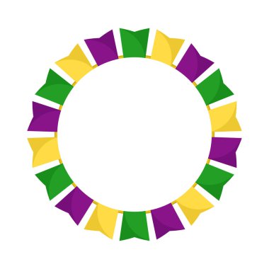 Vektör Mardi Gras çelenk çerçevesi. Mor, yeşil ve sarı bayraklar beyaz arkaplanda boş alan ile daireler çiziyor