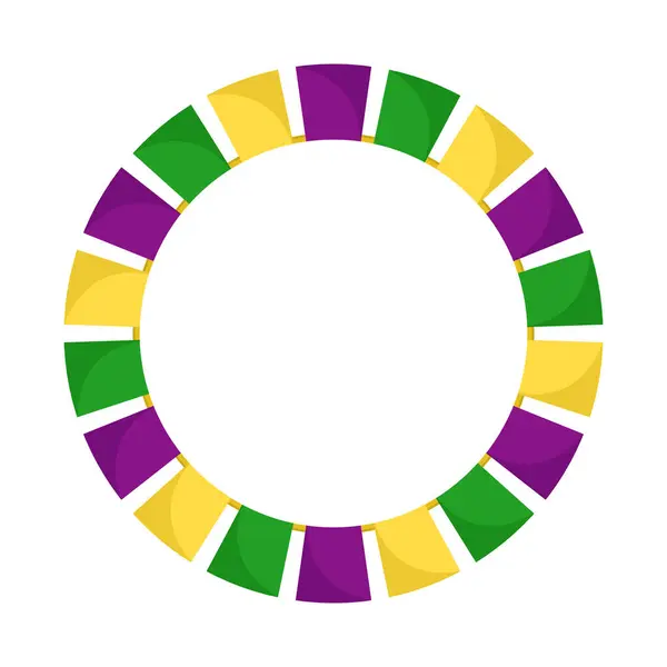 Vektör Mardi Gras çelenk çerçevesi. Mor, yeşil ve sarı bayraklar beyaz arkaplanda boş alan ile daireler çiziyor