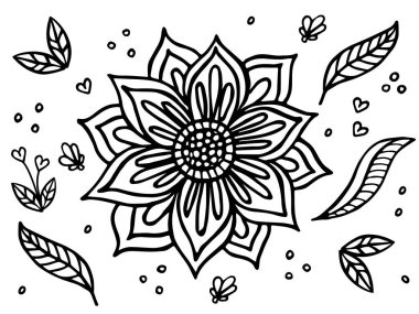 Vector Hand Çocuklar ve Yetişkinler için Çiçek Mandala Boyama Sayfası. Yapraklar, Kalpler ve Şirin Elementler ile Doodle doğrusal tasarımı. Siyah ve Beyaz Satır Yazdırma Sanatı, Renklendirme Kitabı, Stres Karşıtı Etkinlik, Rahatlama ve Terapi