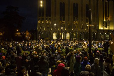 TBILISI, GEORGIA - 24 Şubat 2023: Gürcistan Parlamentosu önündeki protestolar, Ukrayna dayanışması.