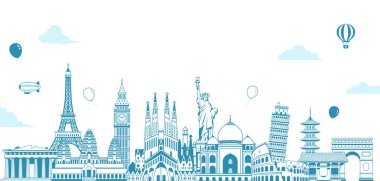 Seyahat, tatil, turistik pankart taşıyıcı illüstrasyonu (dünyaca ünlü binalar / dünya mirası )