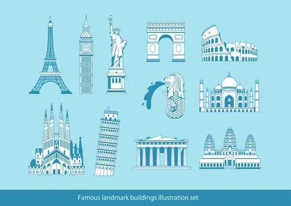 Světově Proslulé Budovy Vektorové Ilustrační Set Světové Dědictví Socha Svobody — Stockový vektor