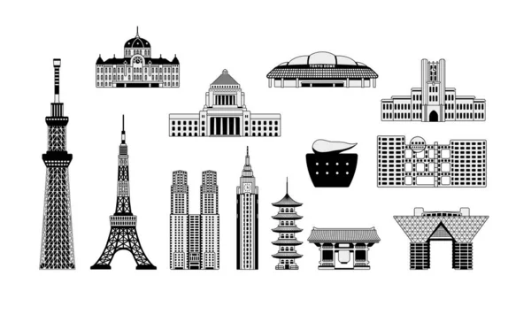 Tokio Edificios Emblemáticos Torre Templo Etc Set Ilustración Manga Estilo — Vector de stock