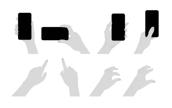 Jeu Illustration Tenir Téléphone Portable Toucher Écran Avec Doigt Etc — Image vectorielle