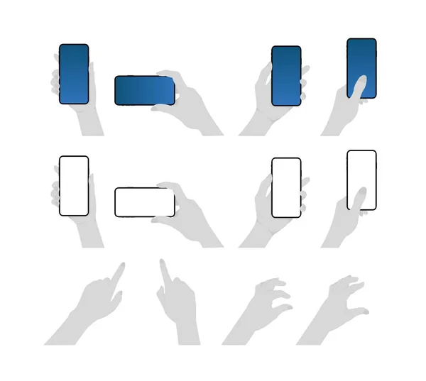 Jeu Illustration Tenir Téléphone Portable Toucher Écran Avec Doigt Etc — Image vectorielle