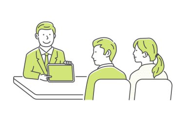 Vector illustration of a meeting between a salesperson and a customer (couple) | using a tablet