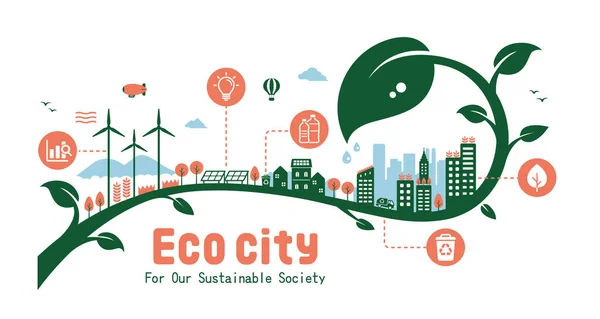 Grön Eko Stad Vektor Illustration Mål För Hållbar Utveckling Ekologi — Stock vektor