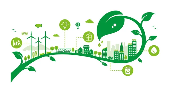 Groene Eco City Vector Illustratie Sdg Ecologie Concept Natuurbehoud — Stockvector