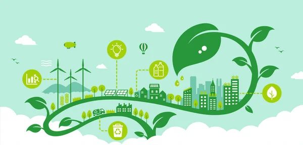 Green Eco City Vector Banner Illustration Sdgs Conceito Ecologia Conservação — Vetor de Stock