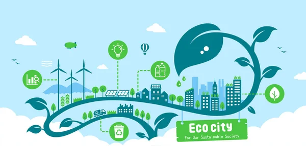 Green Eco City Vector Banner Illustration Sdgs Conceito Ecologia Conservação —  Vetores de Stock