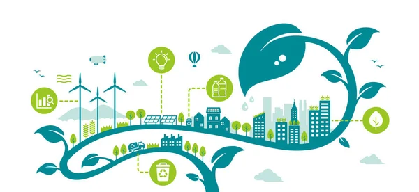 Groene Eco City Vector Illustratie Sdg Ecologie Concept Natuurbehoud — Stockvector