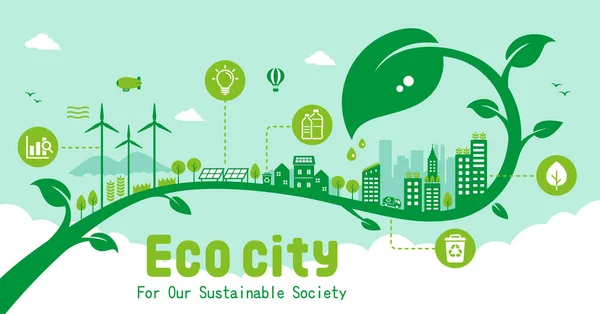 Groene Eco City Vector Banner Illustratie Sdg Ecologie Concept Natuurbehoud — Stockvector