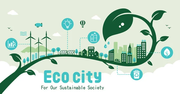 Groene Eco City Vector Banner Illustratie Sdg Ecologie Concept Natuurbehoud — Stockvector