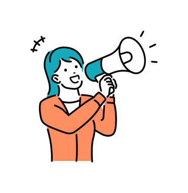 Megafonlu genç bir kadın vektör illüstrasyonu