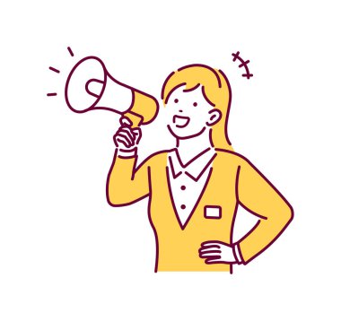 Megafonlu genç bir iş kadını vektör illüstrasyonu