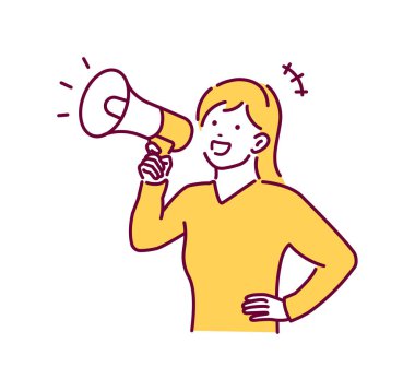 Megafonlu genç bir kadın vektör illüstrasyonu