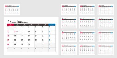 Japonya için 2024 takvim şablonu vektör çizimi
