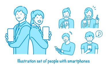 Akıllı telefonları olan kadın ve erkeklerin vektör çizimi