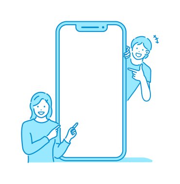 Akıllı telefon ve insanların vektör çizimi (akıllı telefon ekranındaki tasarım alanı)