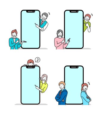 Akıllı telefon ve insanların vektör illüstrasyon kümesi (akıllı telefon ekranındaki tasarım alanı)