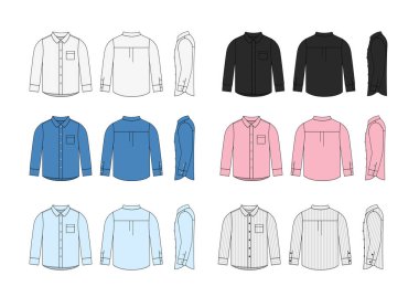 Elbise gömleği (düğmeli gömlek) vektör şablon çizim seti