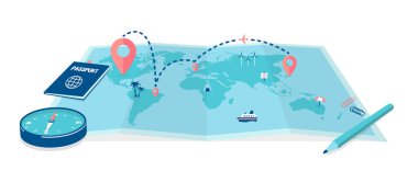 Büyük dünya haritası ve seyahat vektörü çizimi